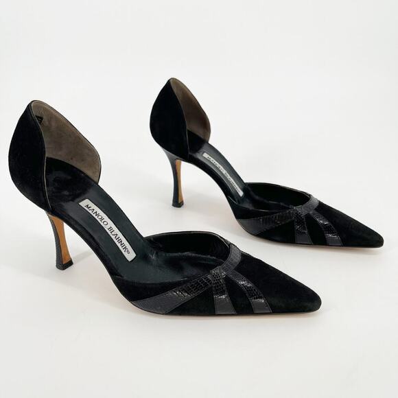 Manolo Blahnik Vintage Black Suede Lizard Trim Pointed Toe D'Orsay Heel IT 37.5